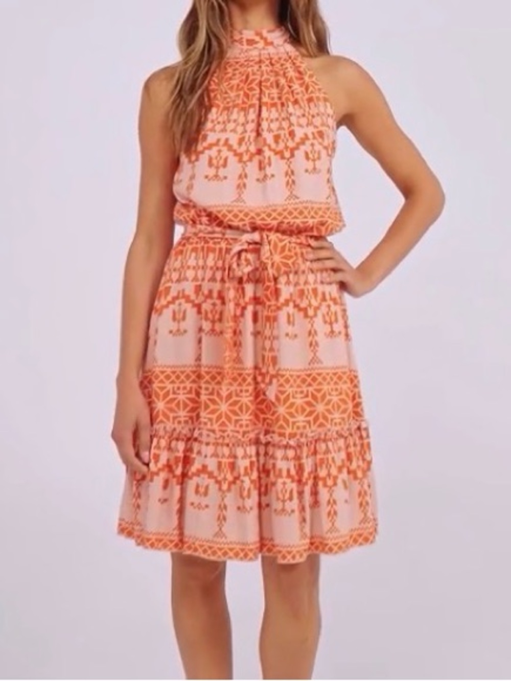 Sleeveless Orange Printed Halter Dress